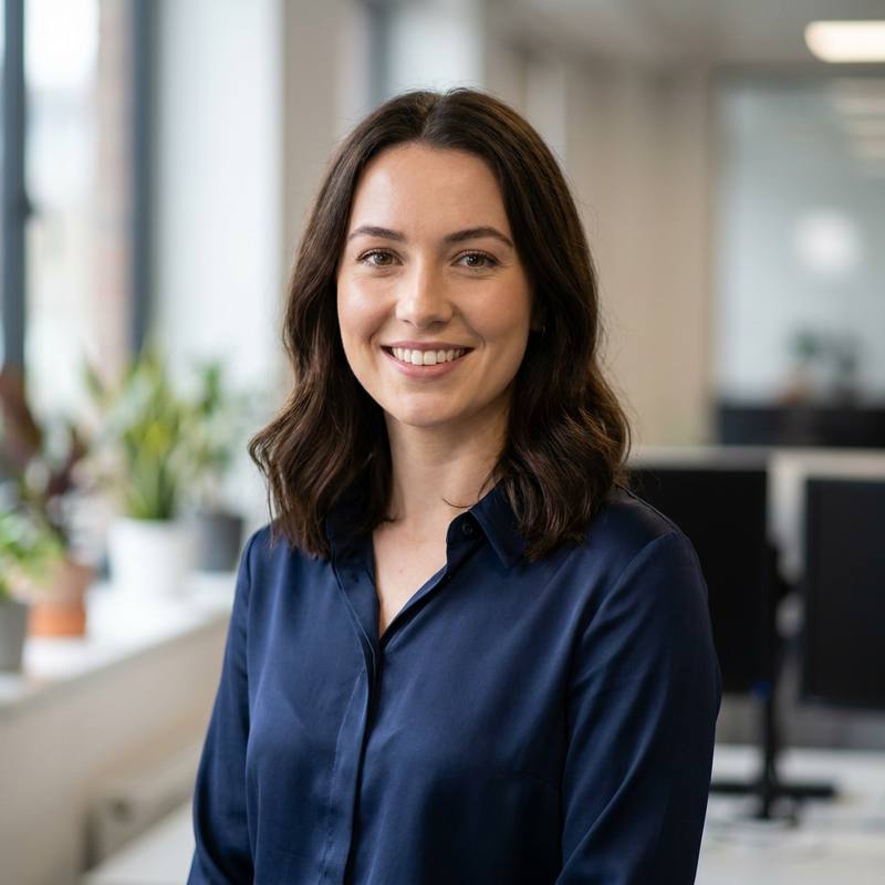 A smiling Nimwold client adviser with shoulder-length dark hair and a navy blouse, standing in a bright open-plan office