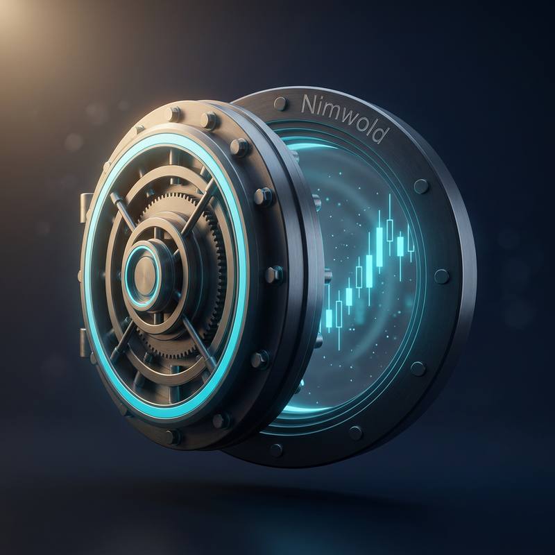 A circular steel vault door engraved with the Nimwold name, ringed in cyan light, with a rising candlestick chart glowing inside