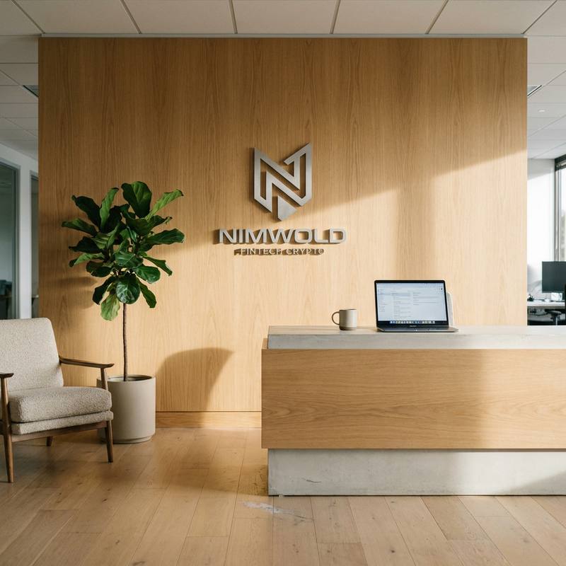 Reception at the Nimwold head office: a light oak wall carrying the brushed-steel Nimwold logo, a fiddle-leaf fig, an armchair and a reception desk with a laptop