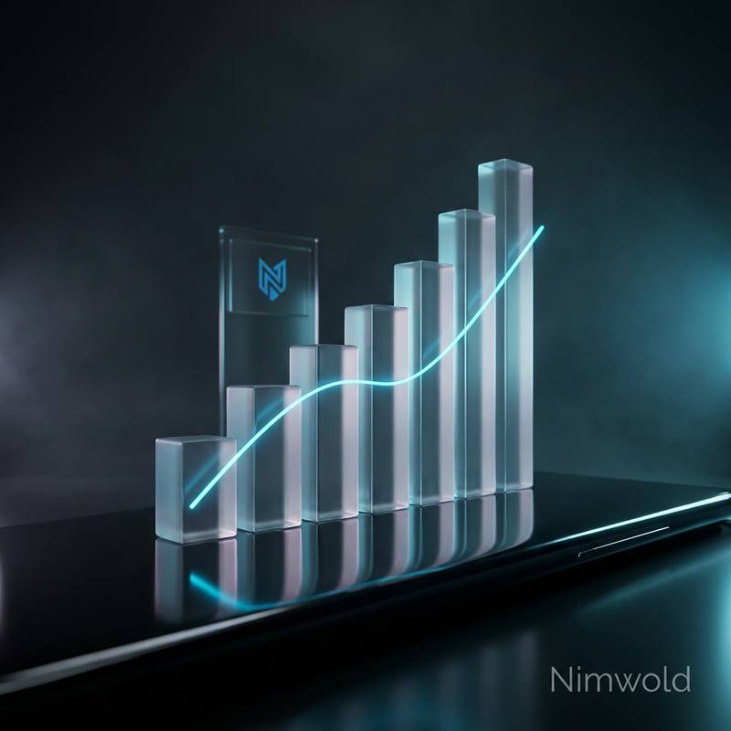 Frosted glass columns rising from left to right, traced by a glowing cyan trend line, with the Nimwold mark on a glass panel behind them
