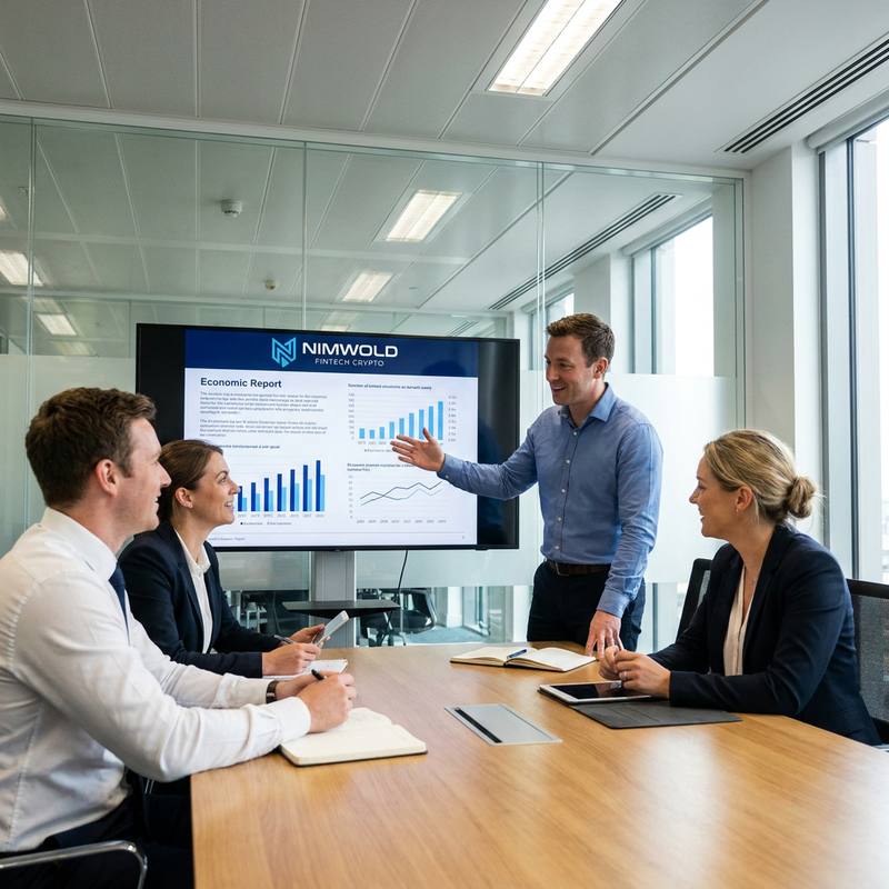 Nimwold colleagues in a glass-walled meeting room while a team member presents an economic report on a wall screen